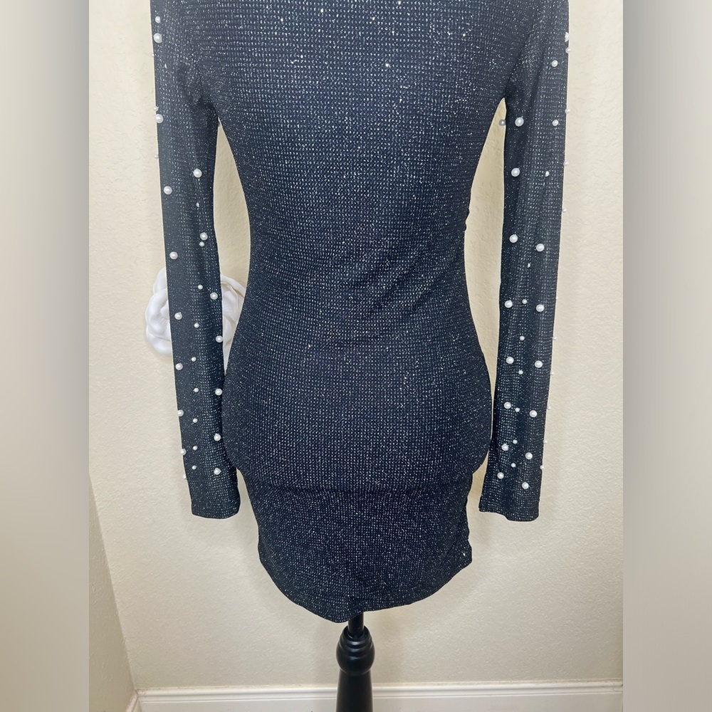 NTM: SHEIN Pearl Embellished Black Bodycon Mini Dress Long Sleeve Size Small - Picture 12 of 16
